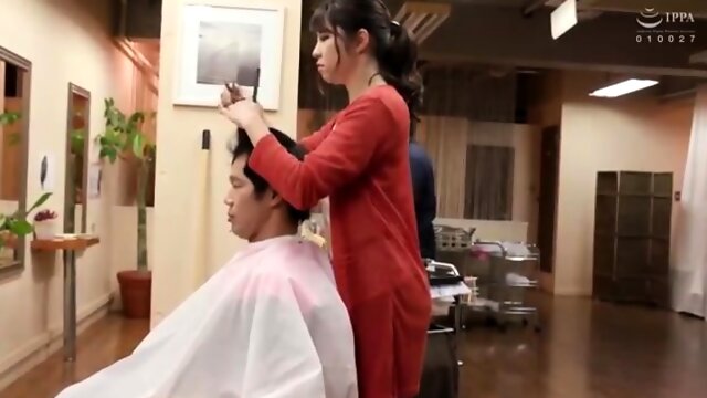 Sweet Japanese hairdresser having wild sex with a customer