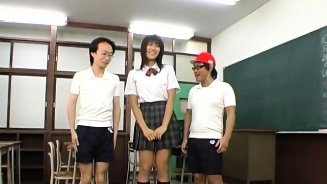 Tall Japanese schoolgirl brings her fantasies to fruition