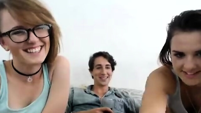 Two wild girls please each other and share a cock on webcam