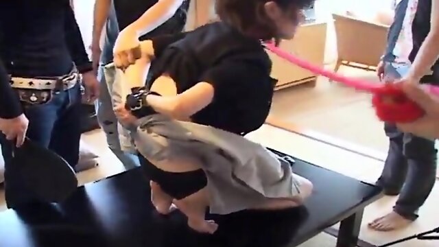 Kinky Asian lady on a leash gets fucked by a group of guys