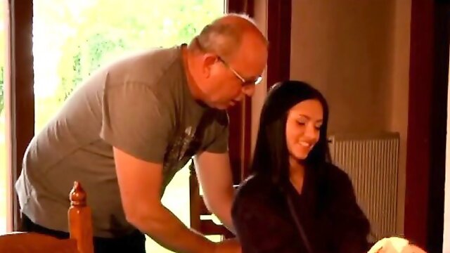 Lucky grandpa is taking care of beautiful brunette teen