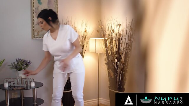 NURU MASSAGE - Big Titted Mona Azar Has Her Pussy Smashed While A Clients Waiting In The Other Room