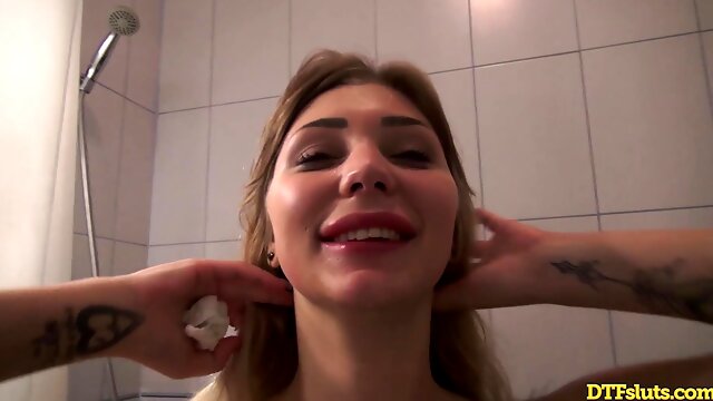 Bathroom pussy check makes young blonde really happy