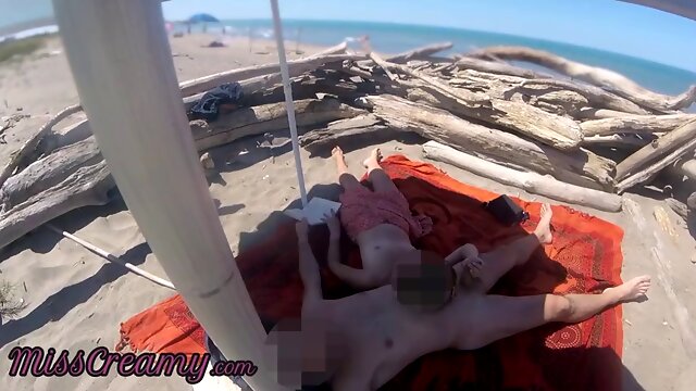 Risky Hanjob on the Canarian beach Almost caught reading a book - MissCreamy