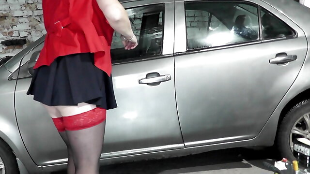 MILF sexy blonde cleans interior client car and washes windows with her panties. Without panties under skirt. Stockings