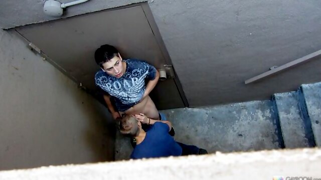 Hidden camera stairwell blowjob with Max Carter