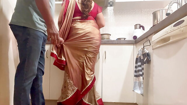 Indian Couple Romance in the Kitchen - Saree Sex - Saree lifted up and Ass Spanked