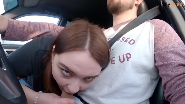 Sweet blowjob while driving and lots of cum on tits!