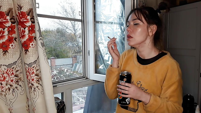 Stepsister smokes a cigarette and drinks alcohol