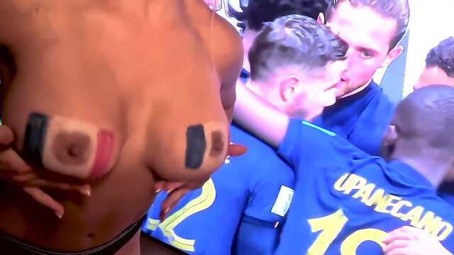 Soccer Mom Showing Her Big Tits During A World Cup Game For France. Cheering In Sportswear