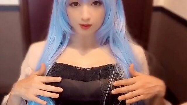 Asian Crossdresser Solo, Blue Hair, Japanese