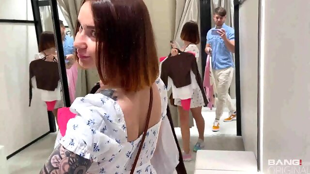 Stranger fucks model in a mall fitting room with lots of mirrors