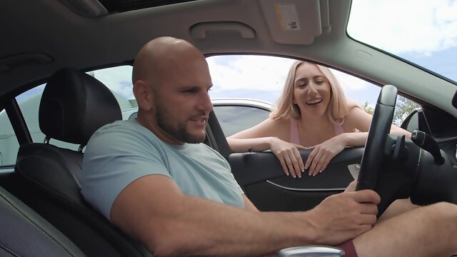 Blonde cutie Sweet Sophia fucking with a bald guy in the car