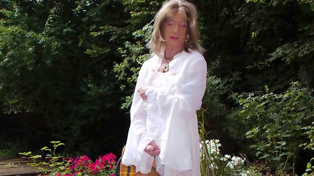 Money-Shot Pixie - outdoor money-shot in a sheer humid gown and nylon stocking