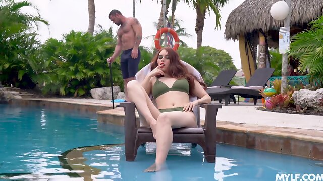 Redhead involves herself in dirty sex pleasures with the pool guy