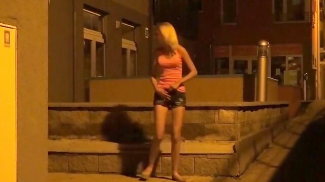 Long legged shy bitch in glasses pisses on stairs that lead to her college
