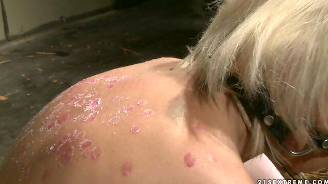 Tied up blonde slut tormented with hot drops of wax on her back