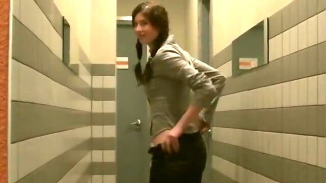 Slutty brunette amateur gives mouth fuck to two sturdy cocks in public toilet