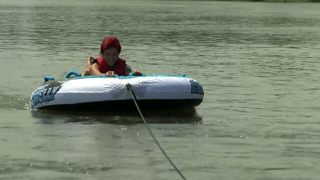 Patricia Gold is riding balloon and then fucks in a boat