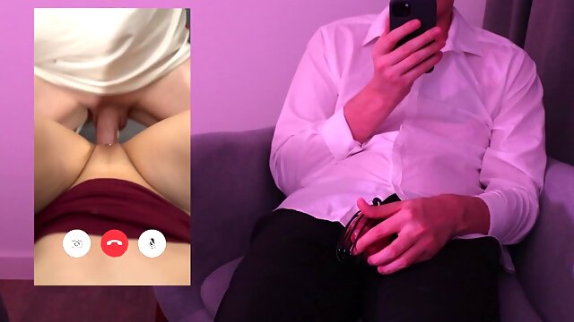 Cuck watches his GF fucking on a video call with a chastity cage on