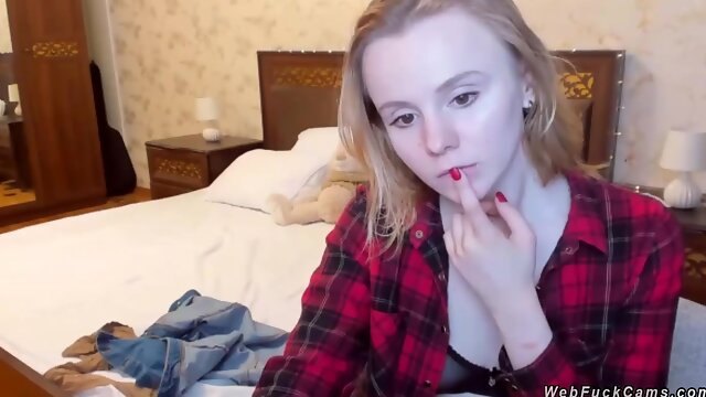 Blonde teen in see through bra on cam