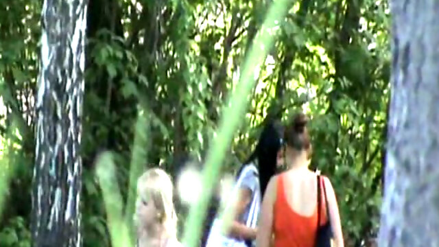 Lovely stranger white chicks in the forest piss under the bushes