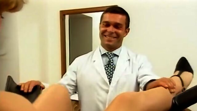 Male gynecologist examines hairy pussy of a gorgeous blonde girl