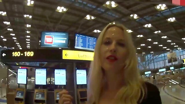 Lusty blond haired hooker with red lips gets mouthfucked at the station
