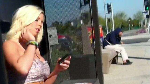 Sizzling hot and sassy amateur blonde bimbo on the bus stop