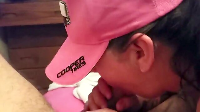 Cute bootyful chick in pink cap started sucking my ex-BFs strong cock