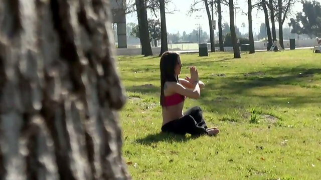 Sporty brunette cutie in the park exercising yoga alone