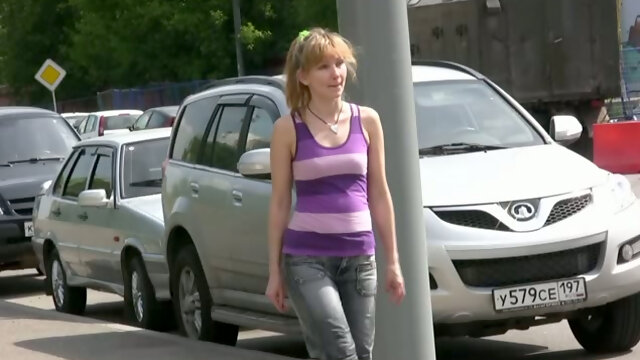 Skanky blonde Russian girl pees right in the middle of the street