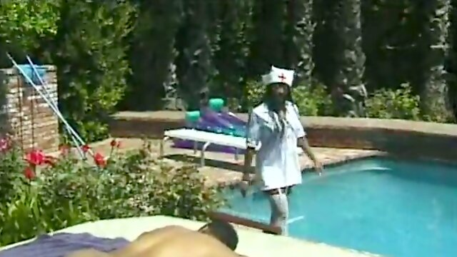 Curvaceous ebony nurse sucks fat BBC in 69 position over the pool