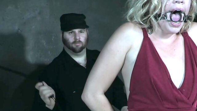 Gagged pale blonde nympho in red dress Katie Kush is made for some BDSM