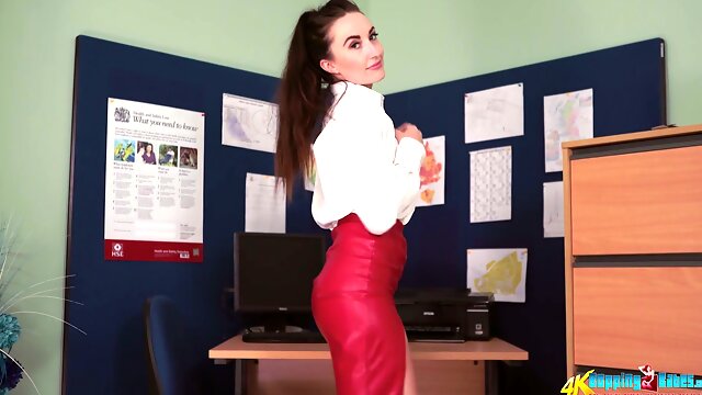 Sexy office slut Sophia Smith slowly undresses to play with natural tits a bit