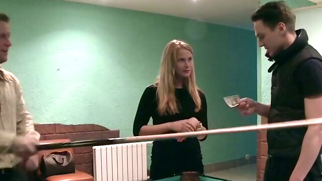 Trashy nympho in black stockings gets fucked on the billiard table