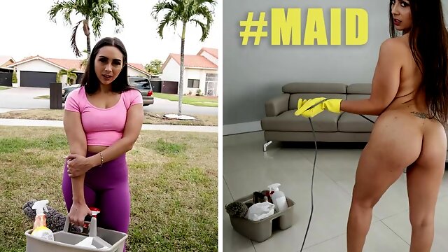 Latin maid Lilly Hall cleans naked and gets fucked for extra money