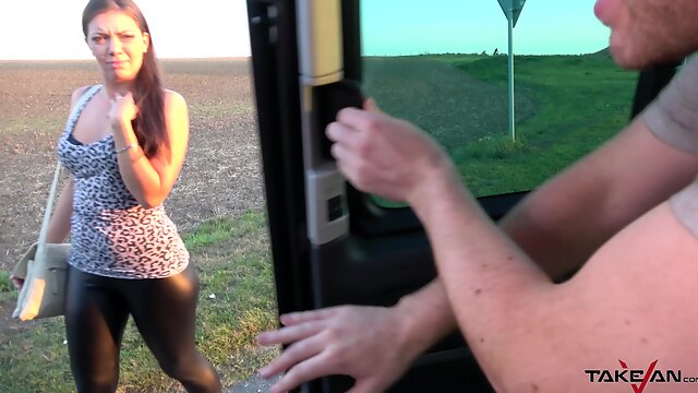 Big ass hitchhiker is hesitant to get in a strangers car but she wants sex