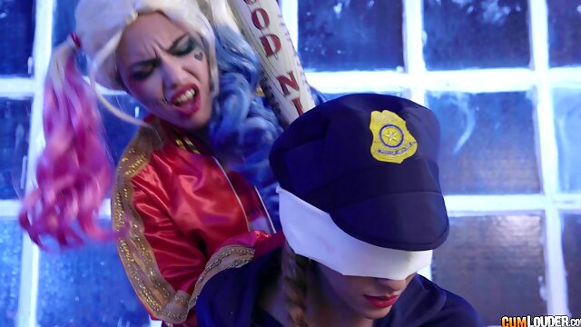 Harley Quinn takes two hostages and fucks both of them