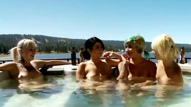 Four lustful emo girlfriends having sex fun in the pool