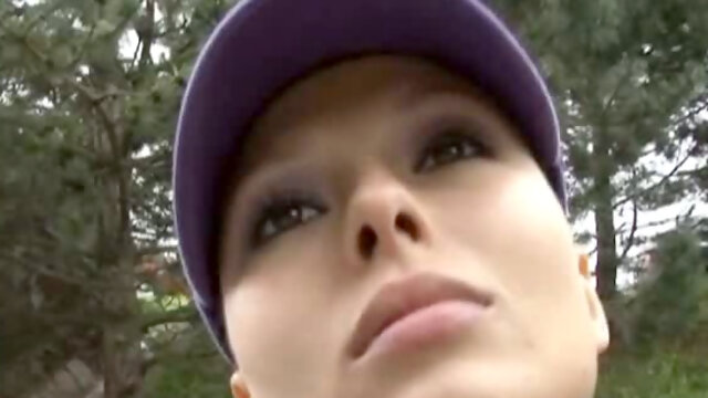 Sassy chick in cap is ready to give blowjob for money