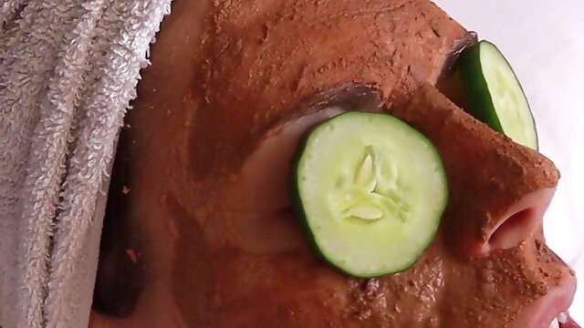 Very hot masturbation with mud mask and cucumbers on face