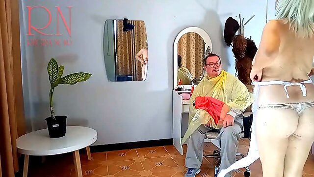 Do you want me to cut your hair? Stylist's client. Naked hairdresser. Nudism 12