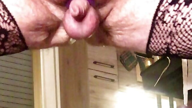 My small uncut dick cums without hands thanks to my giant dildo