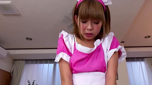 Maid in pink makes an effort to make him cum during oral