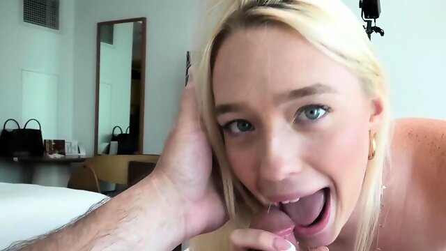 Brand new 18 yr old blonde sucks a fat cock POV style