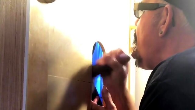 Gray DILF sucking and wanking gloryhole ebony cock in POV