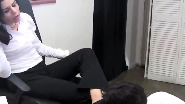 Beautiful office mistress stilettos licking and trampling