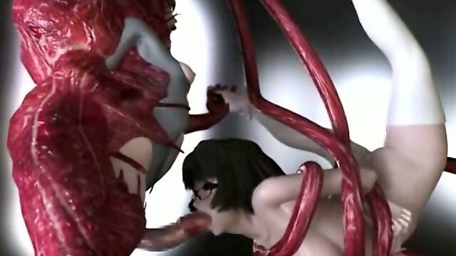 3D anime caught by monster tentacles and sucked bigcock
