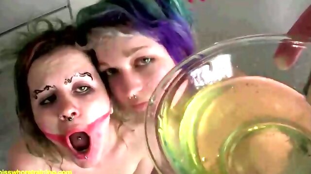 Piss drinking babes films their first piss swallowing video